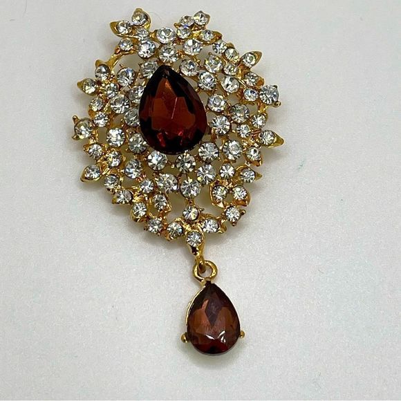 Gold Rhinestone Brooch with Brown Rhinestone Center and Dangling Stone - Picture 1 of 4